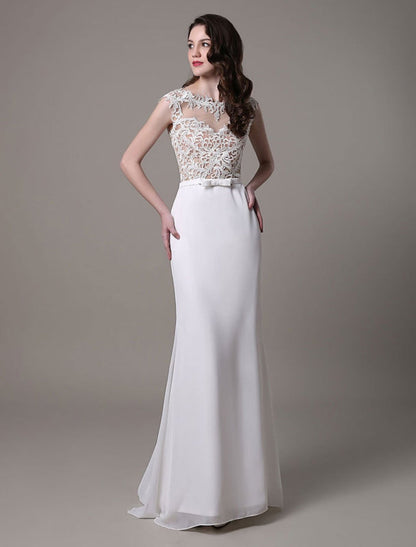 Vintage Lace Wedding Dress Chiffon Bateau Illusion Sheath Bridal Dress