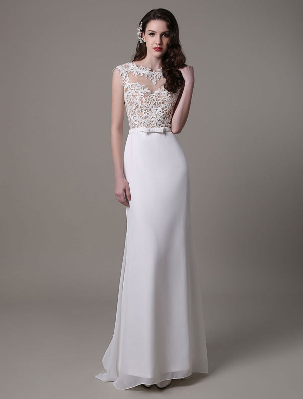 Vintage Lace Wedding Dress Chiffon Bateau Illusion Sheath Bridal Dress