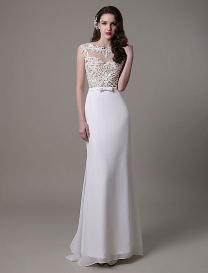 Vintage Lace Wedding Dress Chiffon Bateau Illusion Sheath Bridal Dress