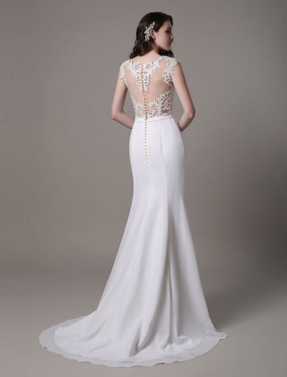 Vintage Lace Wedding Dress Chiffon Bateau Illusion Sheath Bridal Dress