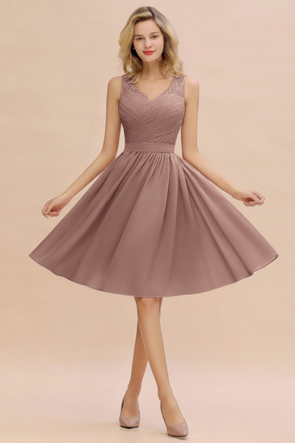 Elegant Ruffle Chiffon Short Bridesmaid Dress Sleeveless V-Neck Aline Knee Length Homecoming Dress