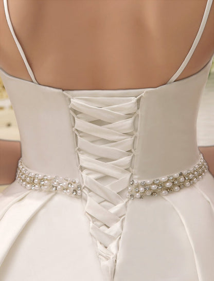 Vintage Spaghetti Straps Backless Satin Short Wedding Dress With Pearls
