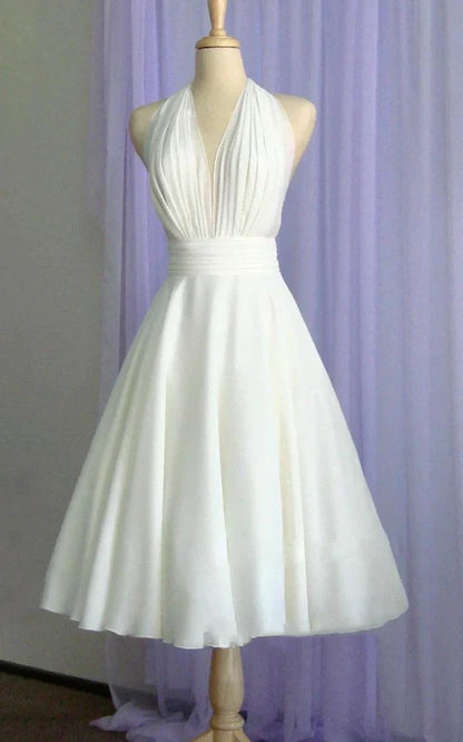 Aimishang Elegant Vintage Tea-Length Chiffon Wedding Dress With Halter Neck and Bow
