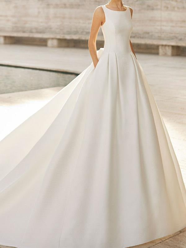 Scoop Neck Vintage Wedding Dress Aline Sleeveless Buttons Satin Bridal Dress with Pockets