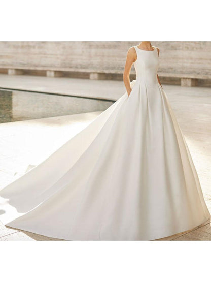 Scoop Neck Vintage Wedding Dress Aline Sleeveless Buttons Satin Bridal Dress with Pockets