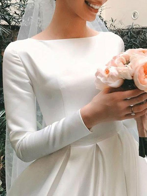 Long Sleeves Vintage Wedding Dress Jewel Neck Satin Chapel Train Pleated Bridal Dress