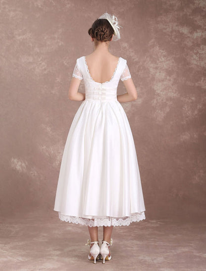 Vintage Wedding Dress Short Sleeve 1950'S Bridal Dress Backless Polka Dot Lace Ivory Wedding Reception Dress
