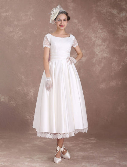 Vintage Wedding Dress Short Sleeve 1950'S Bridal Dress Backless Polka Dot Lace Ivory Wedding Reception Dress