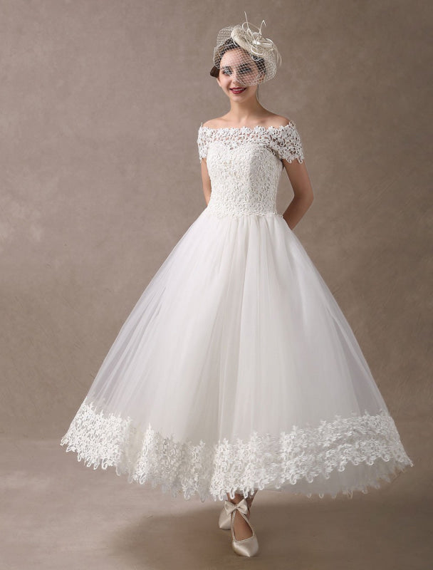Vintage Wedding Dresses 1950S Off The Shoulder Ivory Lace Short Sleeve Ankle Length Bridal Dress Exclusive