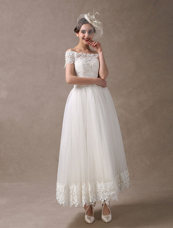 Vintage Wedding Dresses 1950S Off The Shoulder Ivory Lace Short Sleeve Ankle Length Bridal Dress Exclusive