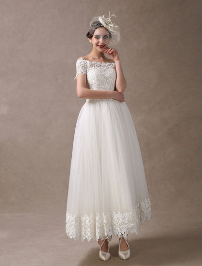 Vintage Wedding Dresses 1950S Off The Shoulder Ivory Lace Short Sleeve Ankle Length Bridal Dress Exclusive