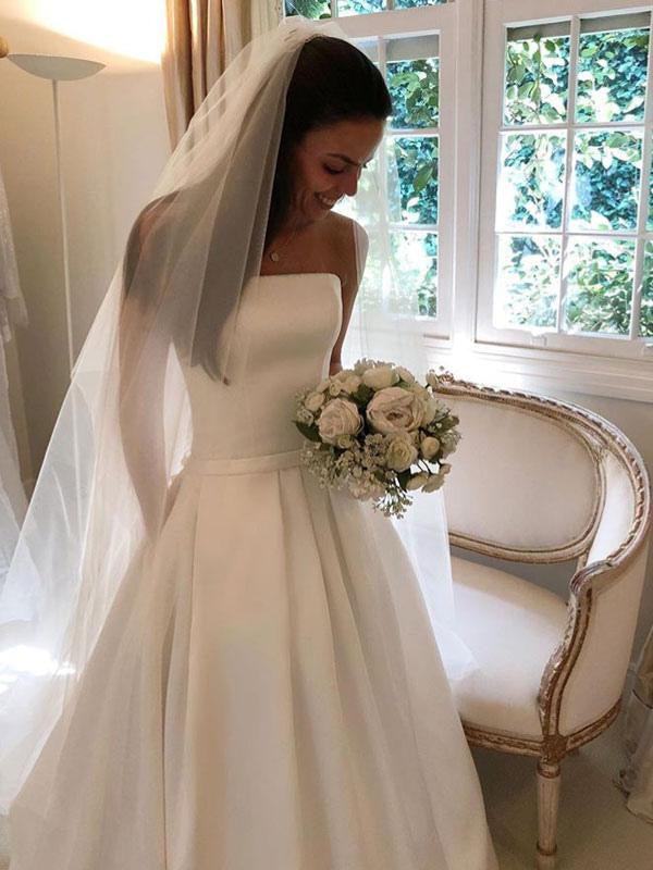 Vintage Wedding Dresses Satin Strapless A Line Classic Bridal Gown With Train