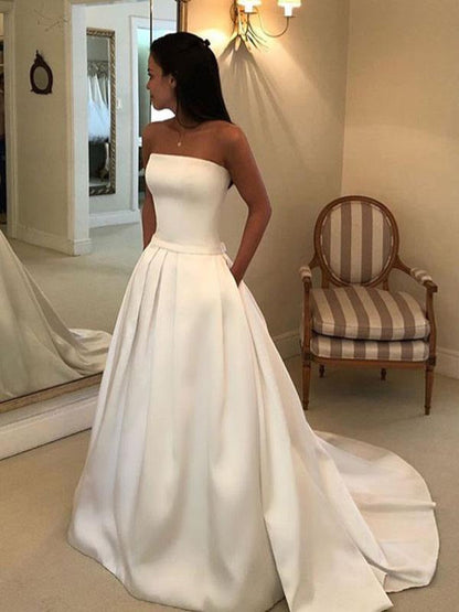 Vintage Wedding Dresses Satin Strapless A Line Classic Bridal Gown With Train