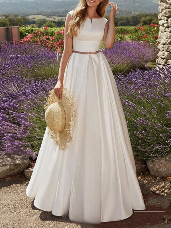 Vintage Wedding Dresses Floor Length Sleeveless Sash Satin Bridal Gowns