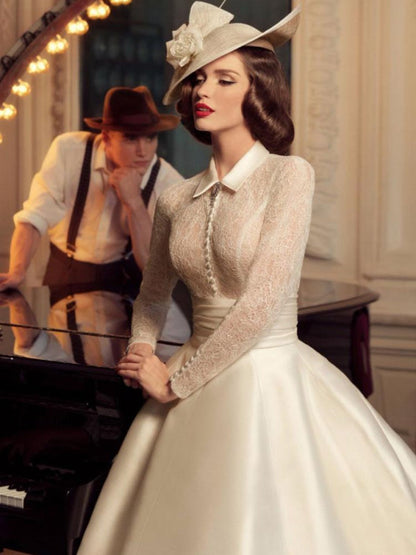 Vintage Aline Wedding Dresses Long Sleeves Satin Lace Traditional Dresses For Bride