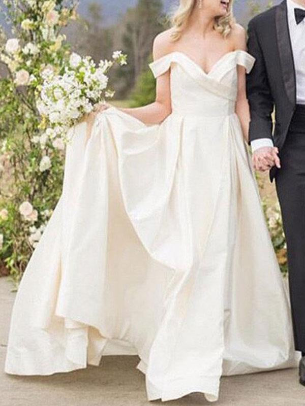 Vintage Wedding Dresses Off The Shoulder Sleeveless Satin Fabric Court Train Sash Bridal Dress