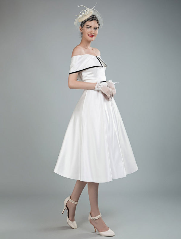 Vintage Wedding Dresses Satin Off The Shoulder A Line Tea Length Short Bridal Gowns Exclusive