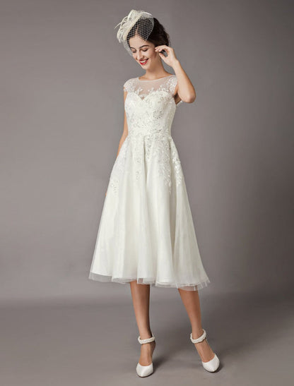 Vintage Wedding Dresses Short Lace Tulle Sequin Tea Length Ivory Bridal Dress