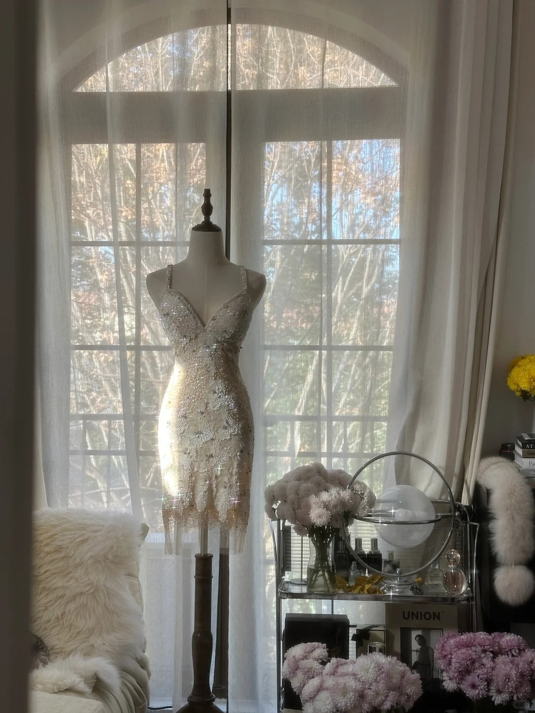 Vintage Beige Sequin Beading Appliques Spaghetti Strap A-line V-neck Party Dresses Homecoming Dresses, HZ1024