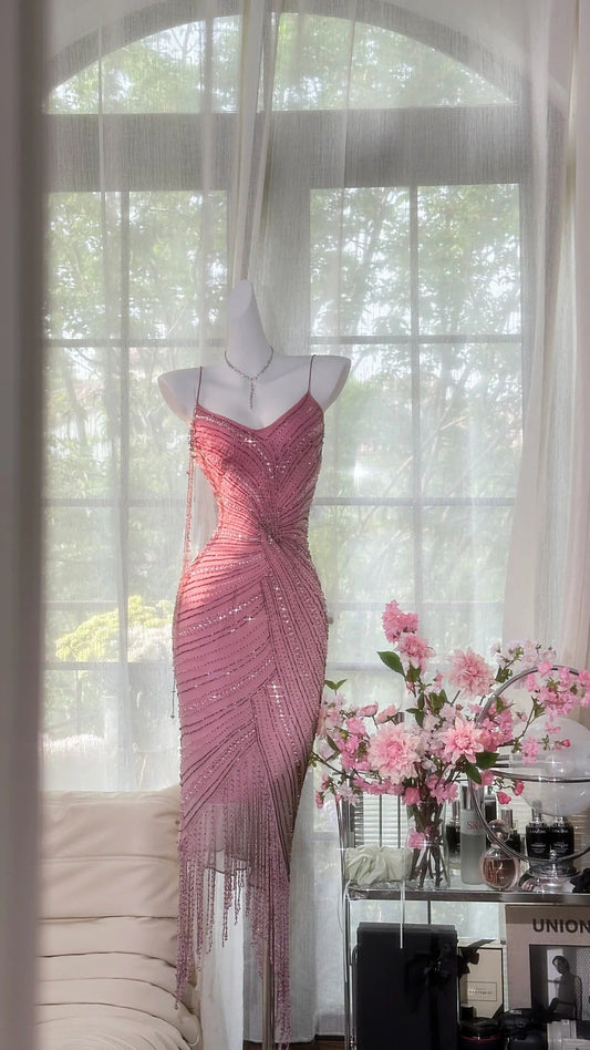 Pink Elegant Gorgeous Exquisite Beaded Tassel Midi/Short Tulle Chiffon Homecoming Dress Cocktail Party Dress Ball Dress Evening Dress Birthday Party Dress Prom Dress gh4086