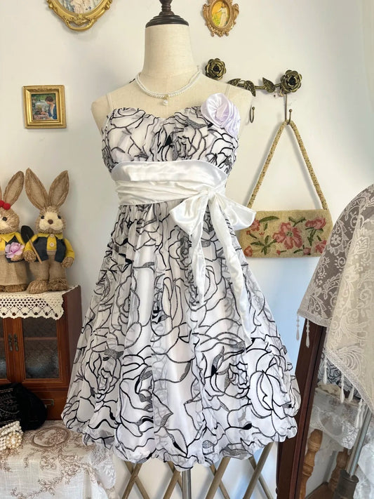 Girlhomeshops-Black and white floral vintage short chiffon homecoming dress birthday dress gh5206