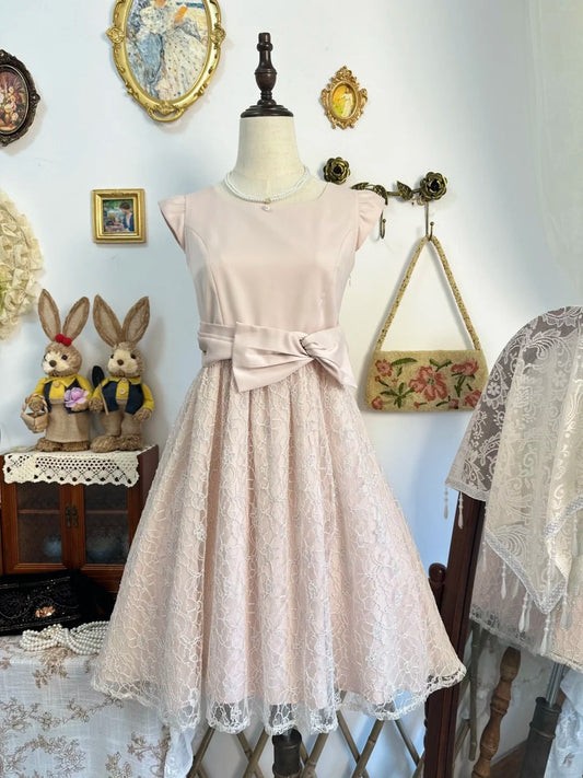 Girlhomeshops-Pink lace bow floral vintage short chiffon homecoming dress birthday dress gh5207
