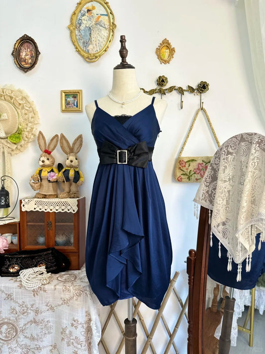 Girlhomeshops-Navy blue bow vintage short satin homecoming dress birthday dress gh5221