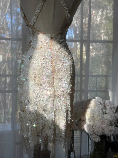 Vintage Beige Sequin Beading Appliques Spaghetti Strap A-line V-neck Party Dresses Homecoming Dresses, HZ1024