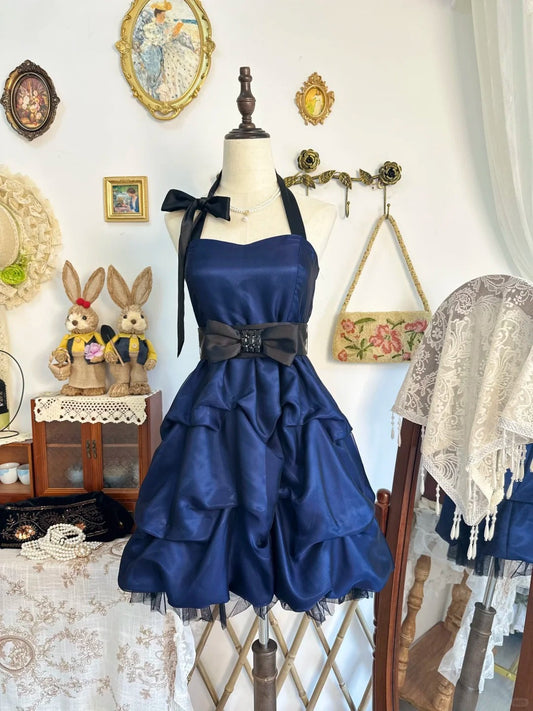 Girlhomeshops-Navy blue vintage short chiffon homecoming dress birthday dress gh5218