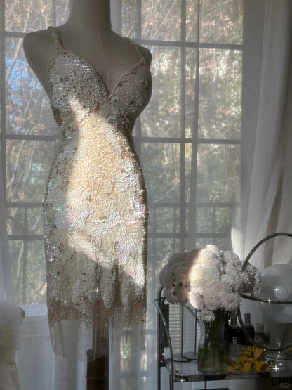Vintage Beige Sequin Beading Appliques Spaghetti Strap A-line V-neck Party Dresses Homecoming Dresses, HZ1024