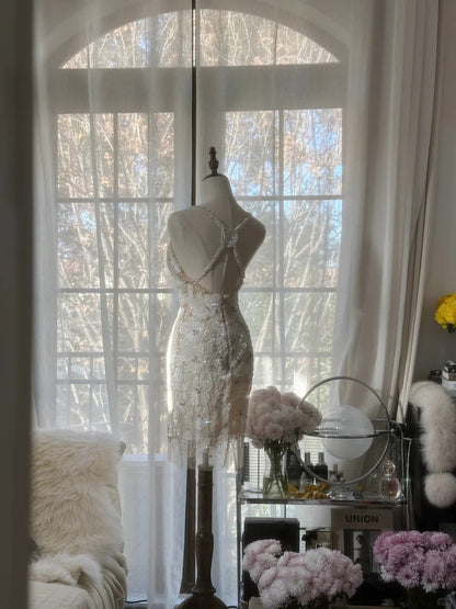 Vintage Beige Sequin Beading Appliques Spaghetti Strap A-line V-neck Party Dresses Homecoming Dresses, HZ1024