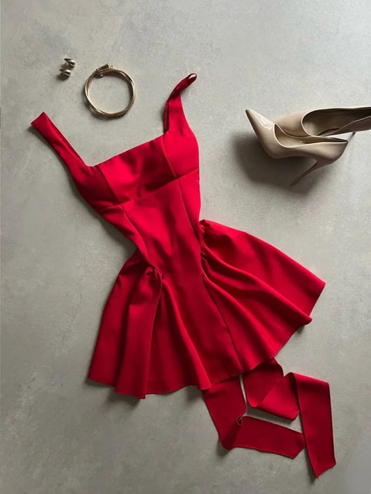 girlhomeshops-Vintage Red Dress ❤️ Homecoming Dress Short Satin gh5946