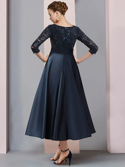 A-Line Mother of the Bride Dress Wedding Guest Vintage Elegant V Neck Tea Length Satin Lace 3/4 Length Sleeve with Bow(s) Pleats Sequin