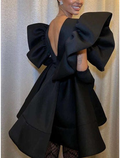 A-Line Homecoming Dresses Vintage Dress Homecoming Short / Mini Short Sleeve V Neck Satin with Bow(s) Pleats Ruched