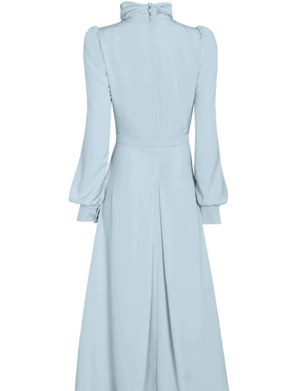 Aimishang A-Line Mother of the Bride Dress Wedding Guest Elegant Petite High Neck Tea Length Long Sleeve with Ruffles Ruching Solid Color