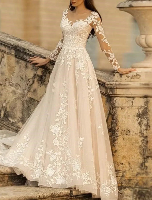 Aimishang Beach Formal Wedding Dresses A-Line V Neck Long Sleeve Sweep / Brush Train Lace Bridal Gowns With Flower Solid Color