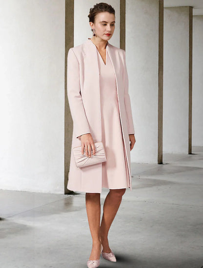 Aimishang Two Piece A-Line Mother of the Bride Dress Wedding Guest Church Elegant V Neck Knee Length Chiffon Short Sleeve Jacket Dresses with Solid Color Fall