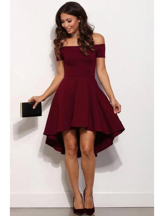 A-Line Cocktail Dresses Cute Dress Homecoming Graduation Short / Mini Short Sleeve Off Shoulder  Satin with Pure Color