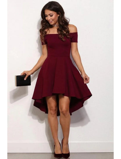 A-Line Cocktail Dresses Cute Dress Homecoming Graduation Short / Mini Short Sleeve Off Shoulder  Satin with Pure Color