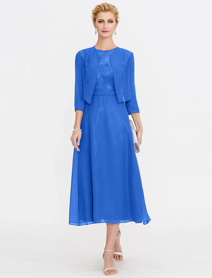 Aimishang A-Line Mother of the Bride Dress Fall Wedding Guest Dresses Plus Size Elegant Illusion Neck Tea Length Chiffon Corded Lace Sleeveless Wrap Included with Lace Pleats