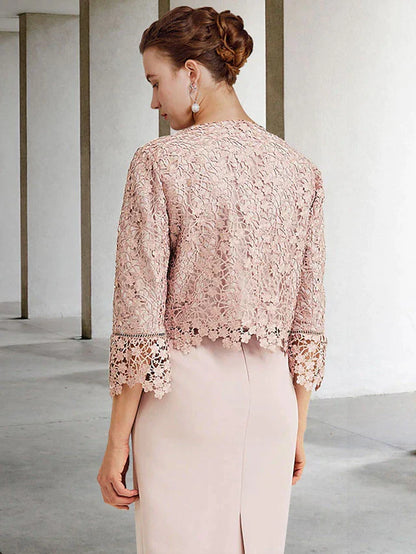 Two Piece Sheath / Column Mother of the Bride Dress Church Elegant Jewel Neck Knee Length Chiffon Lace Short Sleeve Short Jacket Dresses with Ruffles Appliques