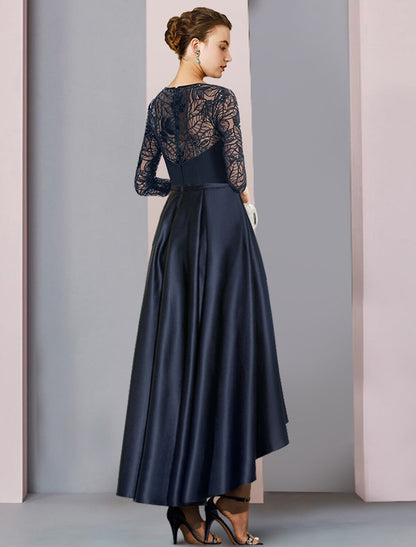 Aimishang A-Line Mother of the Bride Dress Wedding Guest Vintage Party Jewel Neck Asymmetrical Satin Lace Sequined Half Sleeve with Pleats
