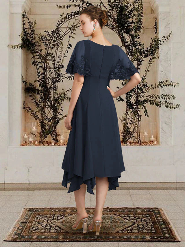 A-Line Mother of the Bride Dress Plus Size Elegant High Low V Neck Asymmetrical Tea Length Chiffon Lace Sleeveless with Appliques