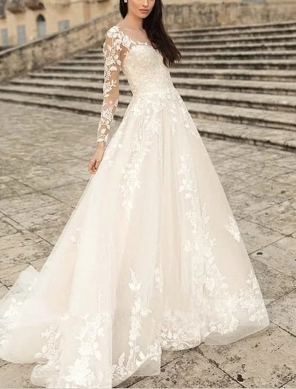 Aimishang Beach Formal Wedding Dresses A-Line V Neck Long Sleeve Sweep / Brush Train Lace Bridal Gowns With Flower Solid Color