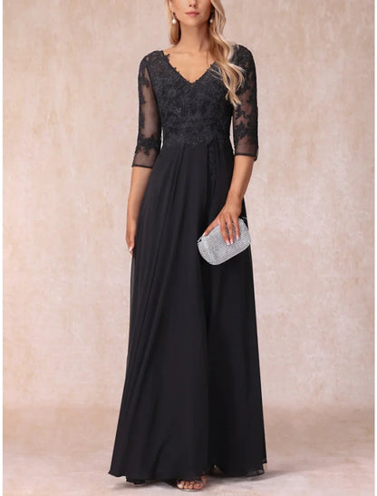 Aimishang A-Line Mother of the Bride Dress Wedding Guest Elegant V Neck Floor Length Chiffon Lace 3/4 Length Sleeve with Ruching Solid Color