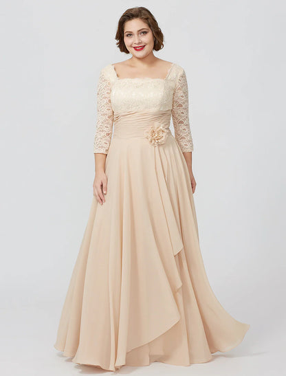 Aimishang  Sheath / Column Mother of the Bride Dress Formal Classic & Timeless Elegant & Luxurious Plus Size Square Neck Floor Length Chiffon Metallic Lace 3/4 Length Sleeve No with Sash / Ribbon Flower
