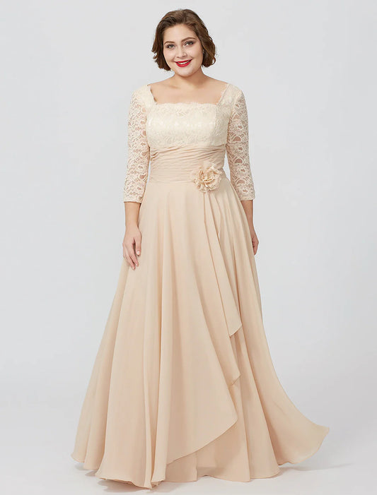 Aimishang  Sheath / Column Mother of the Bride Dress Formal Classic & Timeless Elegant & Luxurious Plus Size Square Neck Floor Length Chiffon Metallic Lace 3/4 Length Sleeve No with Sash / Ribbon Flower