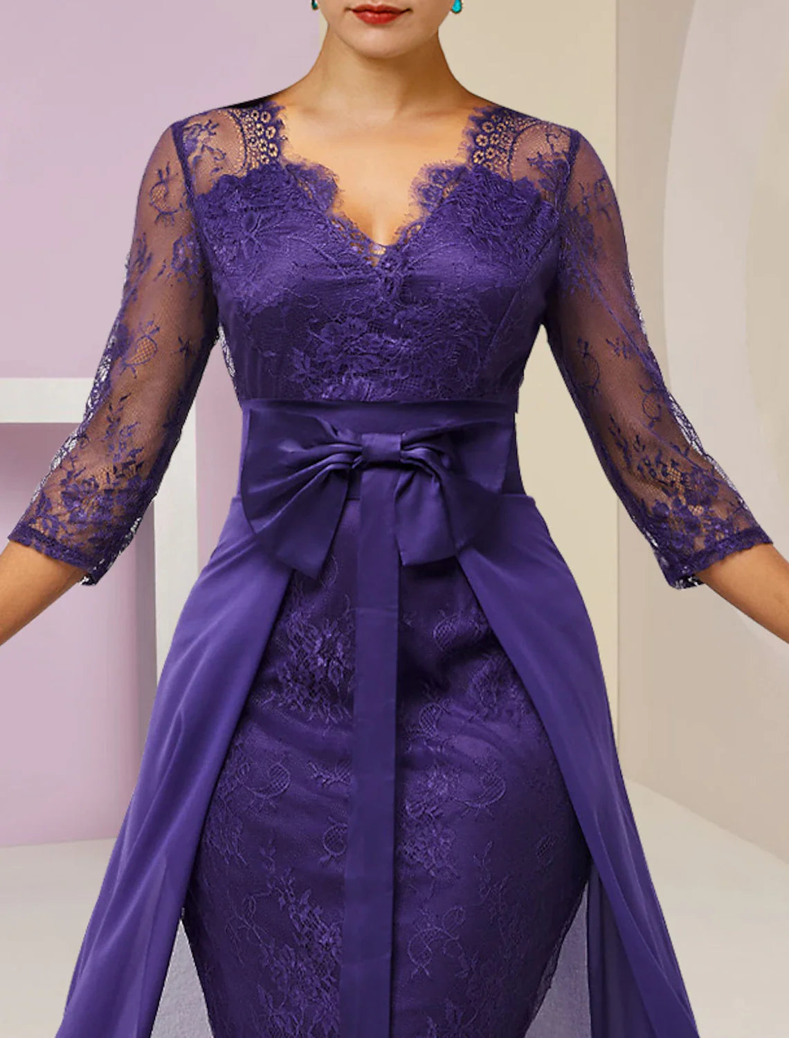 Aimishang  Two Piece Sheath / Column Mother of the Bride Dress Formal Fall Wedding Guest Elegant detachable V Neck Knee Length Chiffon Lace 3/4 Length Sleeve with Bow(s)
