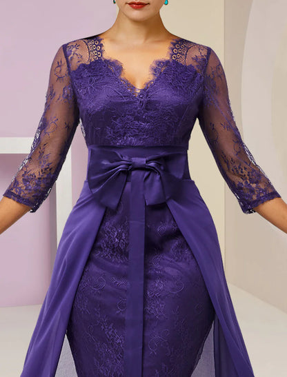 Aimishang  Two Piece Sheath / Column Mother of the Bride Dress Formal Fall Wedding Guest Elegant detachable V Neck Knee Length Chiffon Lace 3/4 Length Sleeve with Bow(s)