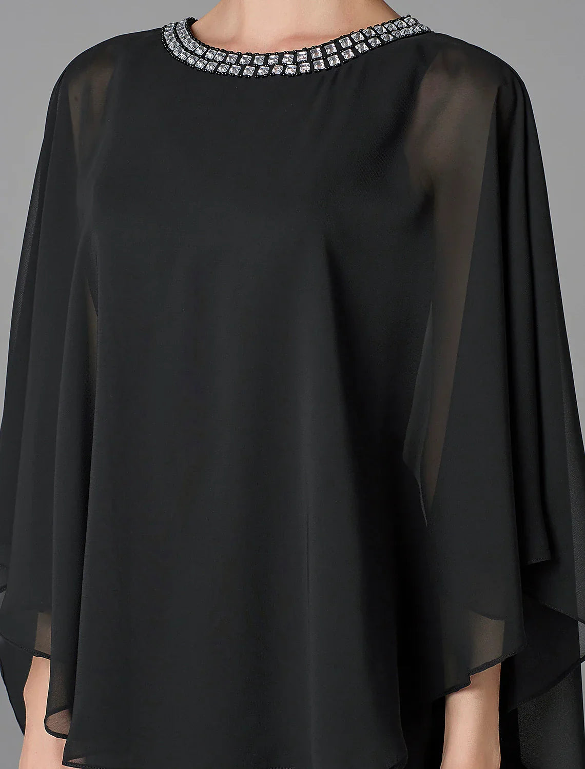 A-Line Mother of the Bride Dress Wedding Guest Elegant Cape Dress Plus Size Jewel Neck Floor Length Chiffon Sleeveless with Beading
